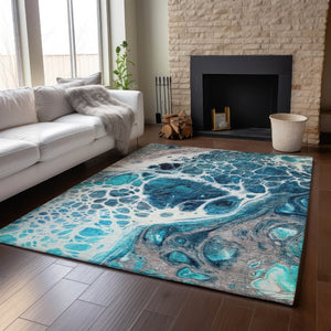 HomeRoots 10' X 14' Teal Ivory Gray Abstract Area Rug - Washable, UV-Protected, Durable, Perfect for Kids & Pets! 656070