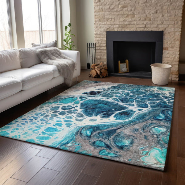 HomeRoots 10' X 14' Teal Ivory Gray Abstract Area Rug - Washable, UV-Protected, Durable, Perfect for Kids & Pets! 656070
