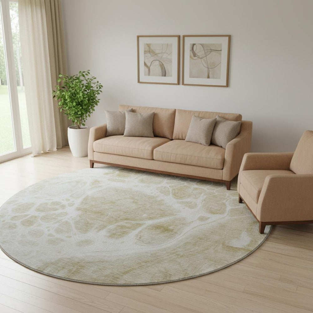 HomeRoots 8' Taupe and Ivory Abstract Round Rug - Washable, UV Protected, Stylish & Durable for Busy Homes 656073