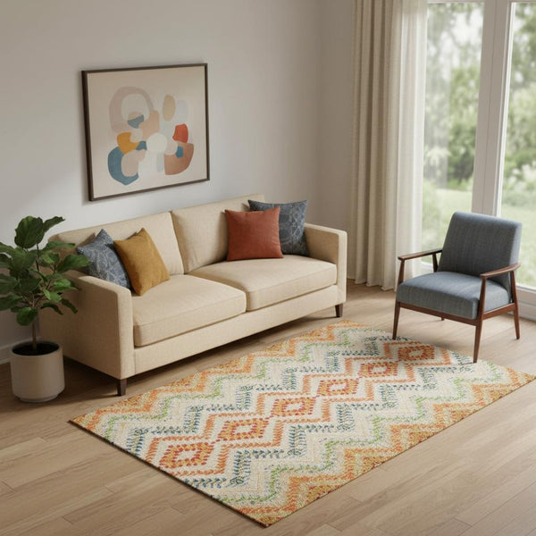 HomeRoots 5' X 8' Beige, Orange & Blue Geometric Washable Area Rug - UV Protected, Stain Resistant & Stylish! 656078