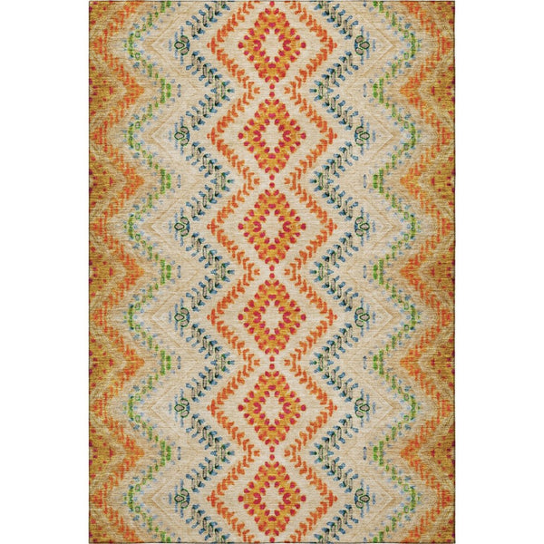 HomeRoots 5' X 8' Beige, Orange & Blue Geometric Washable Area Rug - UV Protected, Stain Resistant & Stylish! 656078