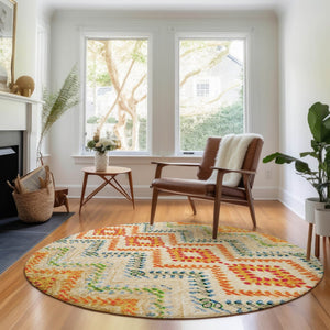 HomeRoots 8' Vibrant Beige, Orange & Blue Geometric Washable Round Rug - UV Protected for Busy Homes! 656079