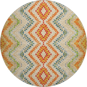 HomeRoots 8' Vibrant Beige, Orange & Blue Geometric Washable Round Rug - UV Protected for Busy Homes! 656079