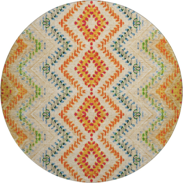 HomeRoots 8' Vibrant Beige, Orange & Blue Geometric Washable Round Rug - UV Protected for Busy Homes! 656079