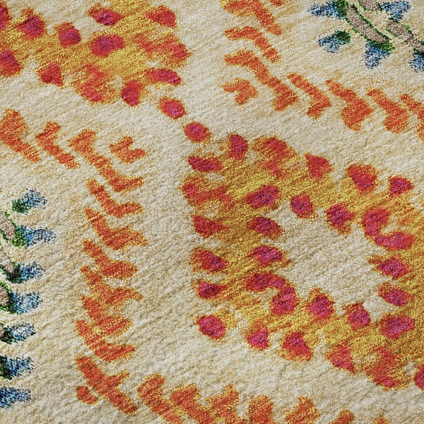 HomeRoots 8' Vibrant Beige, Orange & Blue Geometric Washable Round Rug - UV Protected for Busy Homes! 656079