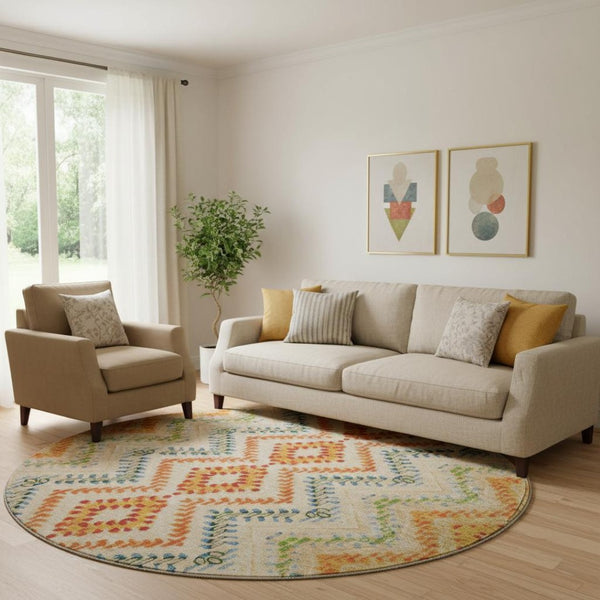 HomeRoots 8' Vibrant Beige, Orange & Blue Geometric Washable Round Rug - UV Protected for Busy Homes! 656079