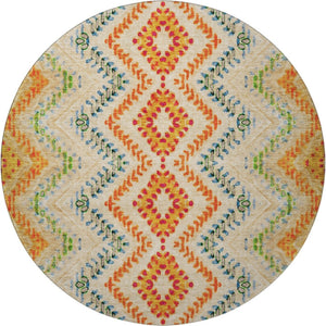 HomeRoots 8' Vibrant Beige, Orange & Blue Geometric Washable Round Rug - UV Protected for Busy Homes! 656079