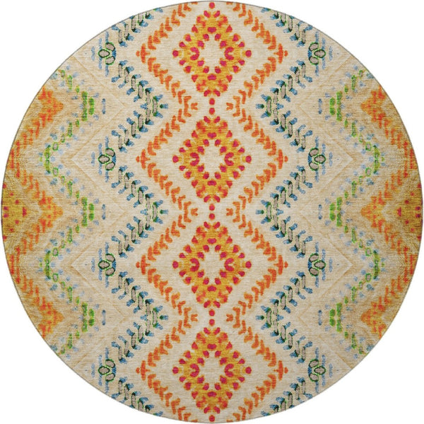 HomeRoots 8' Vibrant Beige, Orange & Blue Geometric Washable Round Rug - UV Protected for Busy Homes! 656079