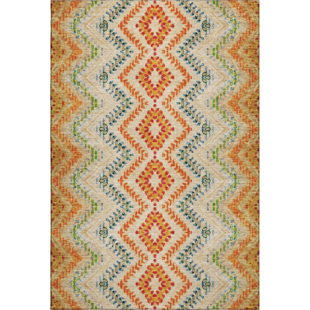 HomeRoots 8' X 10' Washable Beige, Orange & Blue Geometric Area Rug with UV Protection for Family Spaces 656080