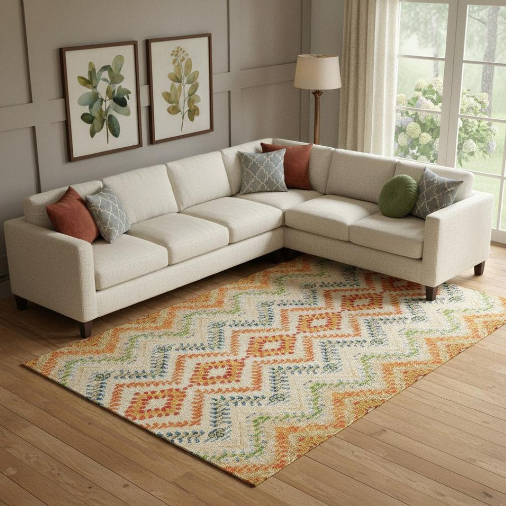 HomeRoots 8' X 10' Washable Beige, Orange & Blue Geometric Area Rug with UV Protection for Family Spaces 656080