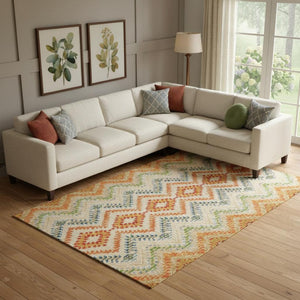 HomeRoots 8' X 10' Washable Beige, Orange & Blue Geometric Area Rug with UV Protection for Family Spaces 656080