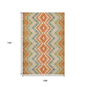 HomeRoots 9' X 12' Washable Beige Orange and Blue Geometric Area Rug with UV Protection for Modern Spaces 656081