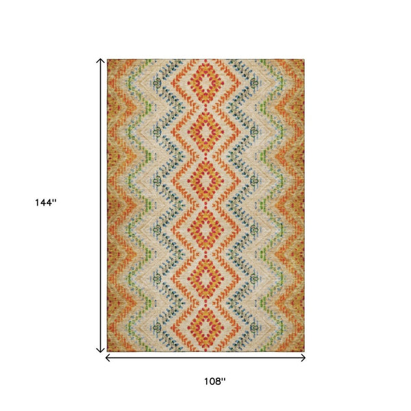 HomeRoots 9' X 12' Washable Beige Orange and Blue Geometric Area Rug with UV Protection for Modern Spaces 656081