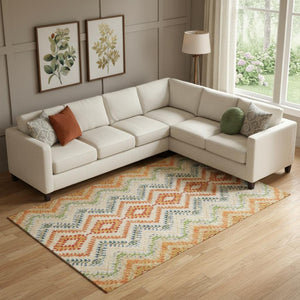 HomeRoots 9' X 12' Washable Beige Orange and Blue Geometric Area Rug with UV Protection for Modern Spaces 656081