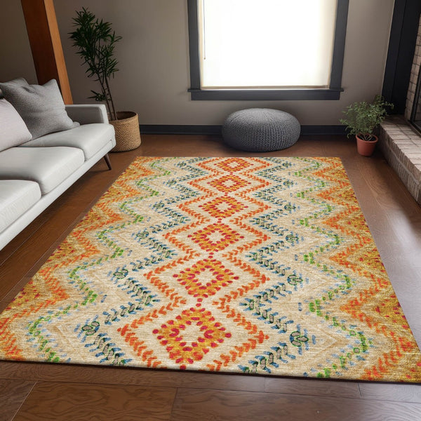 HomeRoots 9' X 12' Washable Beige Orange and Blue Geometric Area Rug with UV Protection for Modern Spaces 656081