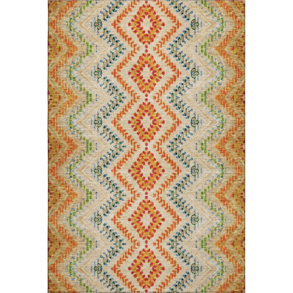 HomeRoots 9' X 12' Washable Beige Orange and Blue Geometric Area Rug with UV Protection for Modern Spaces 656081