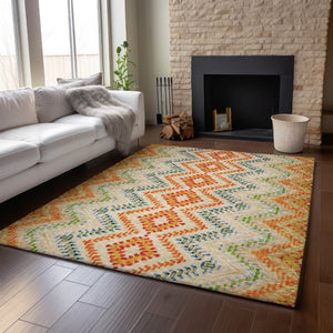 HomeRoots 9' X 12' Washable Beige Orange and Blue Geometric Area Rug with UV Protection for Modern Spaces 656081