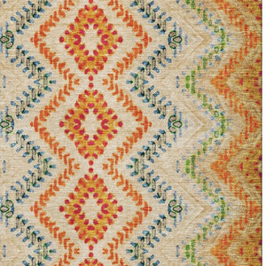 HomeRoots 9' X 12' Washable Beige Orange and Blue Geometric Area Rug with UV Protection for Modern Spaces 656081