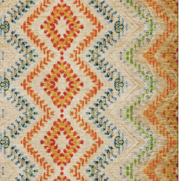 HomeRoots 9' X 12' Washable Beige Orange and Blue Geometric Area Rug with UV Protection for Modern Spaces 656081
