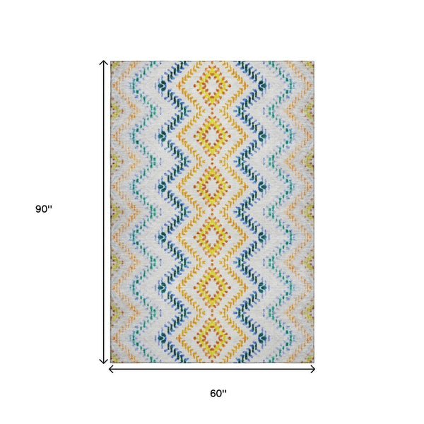 HomeRoots 5' X 8' Stylish Ivory, Blue & Yellow Geometric Area Rug – Washable, UV Protected, Stain Resistant 656084