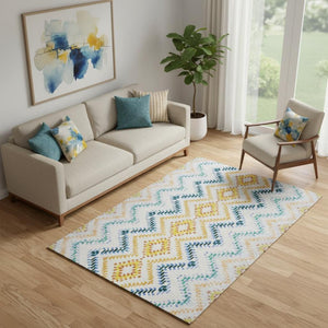 HomeRoots 5' X 8' Stylish Ivory, Blue & Yellow Geometric Area Rug – Washable, UV Protected, Stain Resistant 656084