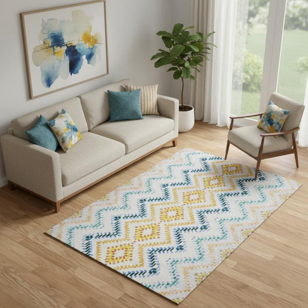 HomeRoots 5' X 8' Stylish Ivory, Blue & Yellow Geometric Area Rug – Washable, UV Protected, Stain Resistant 656084