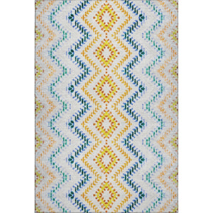 HomeRoots 5' X 8' Stylish Ivory, Blue & Yellow Geometric Area Rug – Washable, UV Protected, Stain Resistant 656084