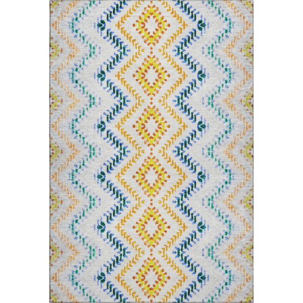 HomeRoots 5' X 8' Stylish Ivory, Blue & Yellow Geometric Area Rug – Washable, UV Protected, Stain Resistant 656084