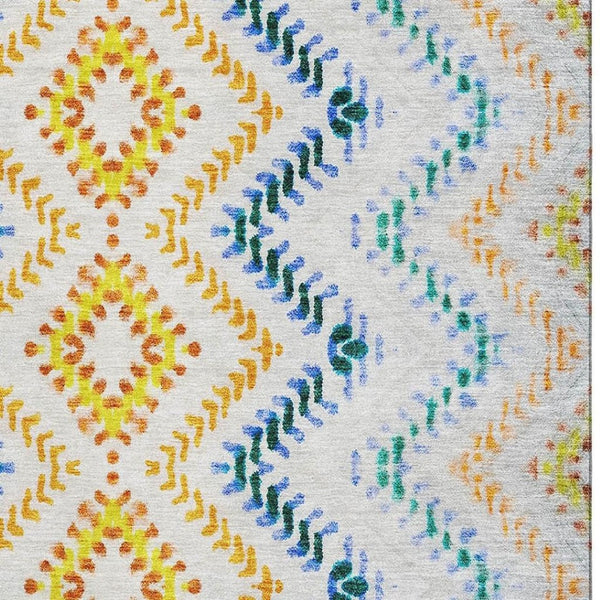 HomeRoots 5' X 8' Stylish Ivory, Blue & Yellow Geometric Area Rug – Washable, UV Protected, Stain Resistant 656084