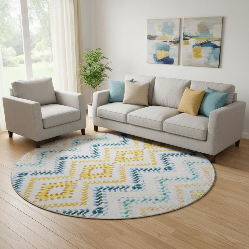 HomeRoots 8' Ivory Blue & Yellow Geometric Round Rug - Washable, UV-Protected, Family-Friendly Design Upgrade! 656085