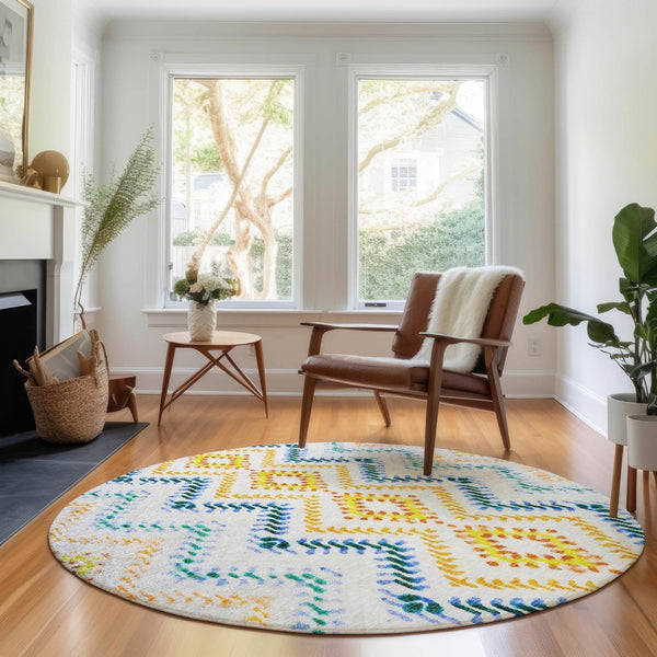 HomeRoots 8' Ivory Blue & Yellow Geometric Round Rug - Washable, UV-Protected, Family-Friendly Design Upgrade! 656085