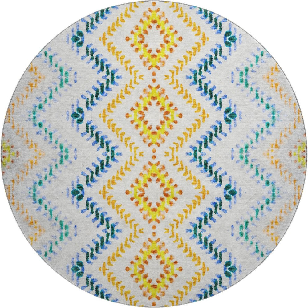HomeRoots 8' Ivory Blue & Yellow Geometric Round Rug - Washable, UV-Protected, Family-Friendly Design Upgrade! 656085