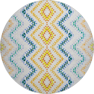 HomeRoots 8' Ivory Blue & Yellow Geometric Round Rug - Washable, UV-Protected, Family-Friendly Design Upgrade! 656085