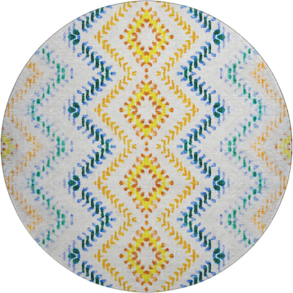 HomeRoots 8' Ivory Blue & Yellow Geometric Round Rug - Washable, UV-Protected, Family-Friendly Design Upgrade! 656085