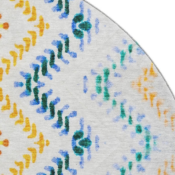 HomeRoots 8' Ivory Blue & Yellow Geometric Round Rug - Washable, UV-Protected, Family-Friendly Design Upgrade! 656085