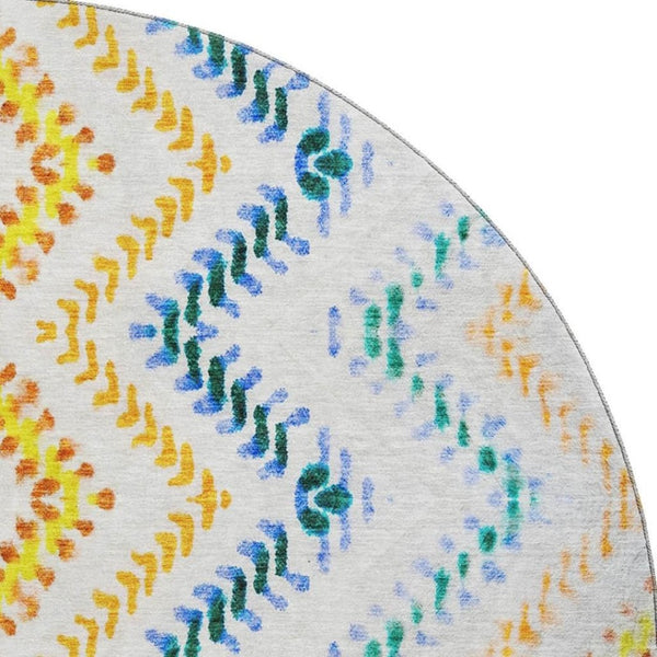 HomeRoots 8' Ivory Blue & Yellow Geometric Round Rug - Washable, UV-Protected, Family-Friendly Design Upgrade! 656085