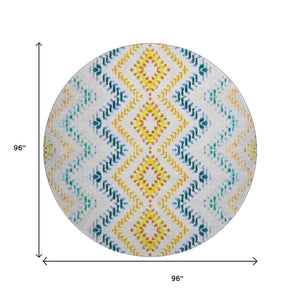 HomeRoots 8' Ivory Blue & Yellow Geometric Round Rug - Washable, UV-Protected, Family-Friendly Design Upgrade! 656085