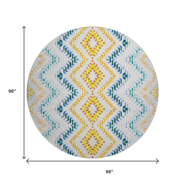 HomeRoots 8' Ivory Blue & Yellow Geometric Round Rug - Washable, UV-Protected, Family-Friendly Design Upgrade! 656085