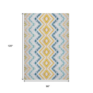 HomeRoots 8' X 10' Stylish Ivory Blue Yellow Geometric Area Rug - Washable, UV Protected, Durable & Low-Maintenance 656086