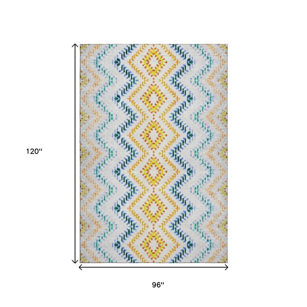 HomeRoots 8' X 10' Stylish Ivory Blue Yellow Geometric Area Rug - Washable, UV Protected, Durable & Low-Maintenance 656086