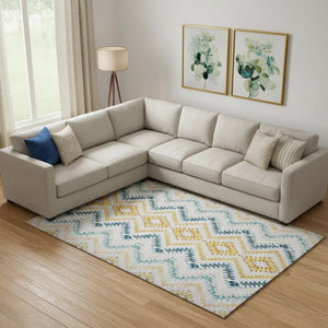 HomeRoots 8' X 10' Stylish Ivory Blue Yellow Geometric Area Rug - Washable, UV Protected, Durable & Low-Maintenance 656086