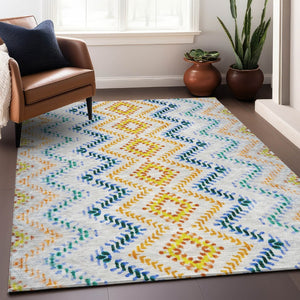 HomeRoots 8' X 10' Stylish Ivory Blue Yellow Geometric Area Rug - Washable, UV Protected, Durable & Low-Maintenance 656086