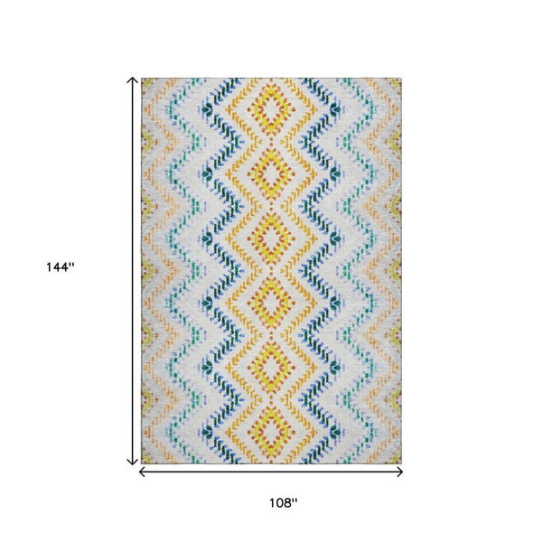 HomeRoots 9' X 12' Stylish Ivory, Blue & Yellow Geometric Washable Area Rug with UV Protection for Homes 656087