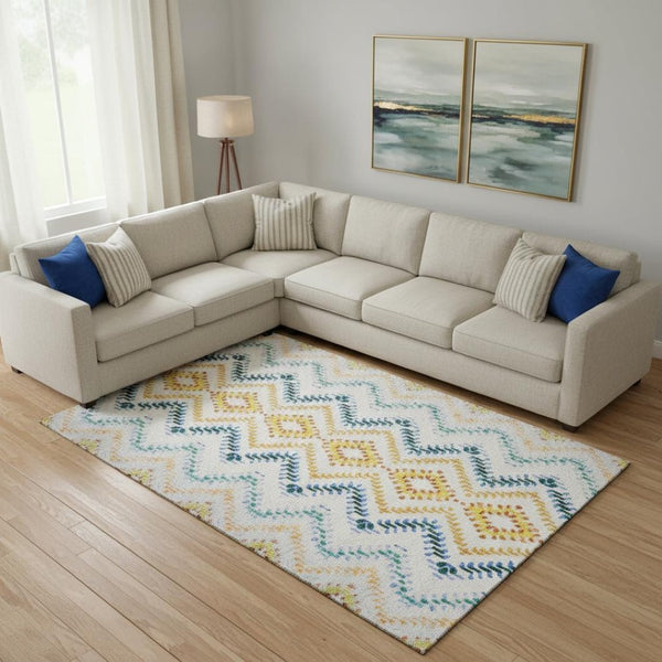 HomeRoots 9' X 12' Stylish Ivory, Blue & Yellow Geometric Washable Area Rug with UV Protection for Homes 656087