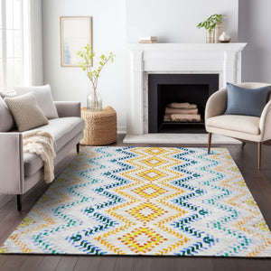 HomeRoots 9' X 12' Stylish Ivory, Blue & Yellow Geometric Washable Area Rug with UV Protection for Homes 656087