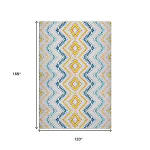 HomeRoots 10' X 14' Stunning Ivory, Blue & Yellow Geometric Washable Area Rug with UV Protection & Durability 656088