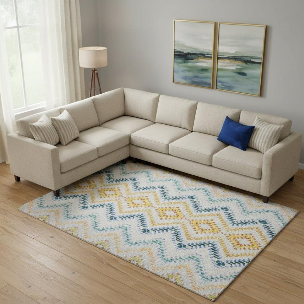 HomeRoots 10' X 14' Stunning Ivory, Blue & Yellow Geometric Washable Area Rug with UV Protection & Durability 656088