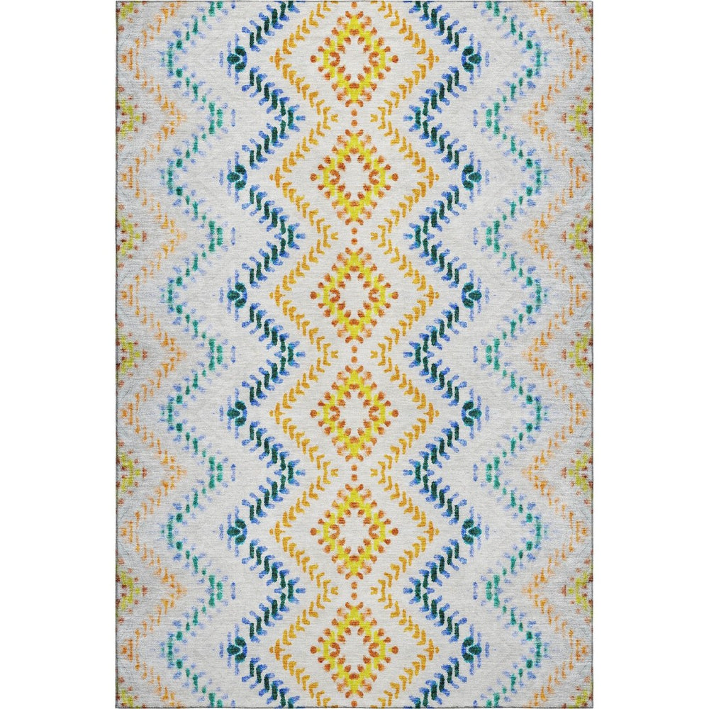 HomeRoots 10' X 14' Stunning Ivory, Blue & Yellow Geometric Washable Area Rug with UV Protection & Durability 656088