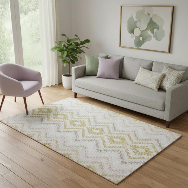 HomeRoots 5' X 8' Pearl Gold & Ivory Geometric Area Rug - Washable, Stain Resistant, UV Protected for Longevity 656090