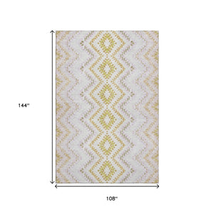 HomeRoots 9' X 12' Pearl Gold Geometric Washable Area Rug - Durable, UV-Protected Design for Modern Homes 656093